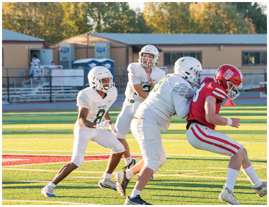 Three people in white football uniforms are attempting to tackle a person in a red football uniform on a sunlit field with buildings and trees in the background. Description generated by AI
