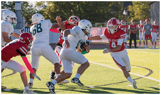 Several people in football uniforms are actively engaged in a play on a sunlit field with one person holding the ball and others attempting to block or tackle. Description generated by AI