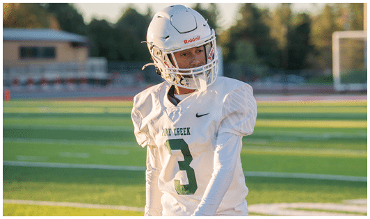 A person wearing a white football uniform with the number three and a helmet stands on a green field looking to the side. Description generated by AI
