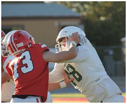 Two people wearing football helmets and uniforms are engaged in a physical play on a football field. Description generated by AI