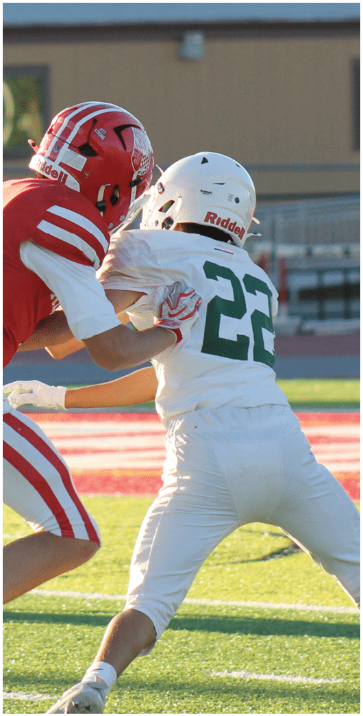Two people wearing football uniforms and helmets are engaged in a play on a sunlit football field near the end zone. Description generated by AI