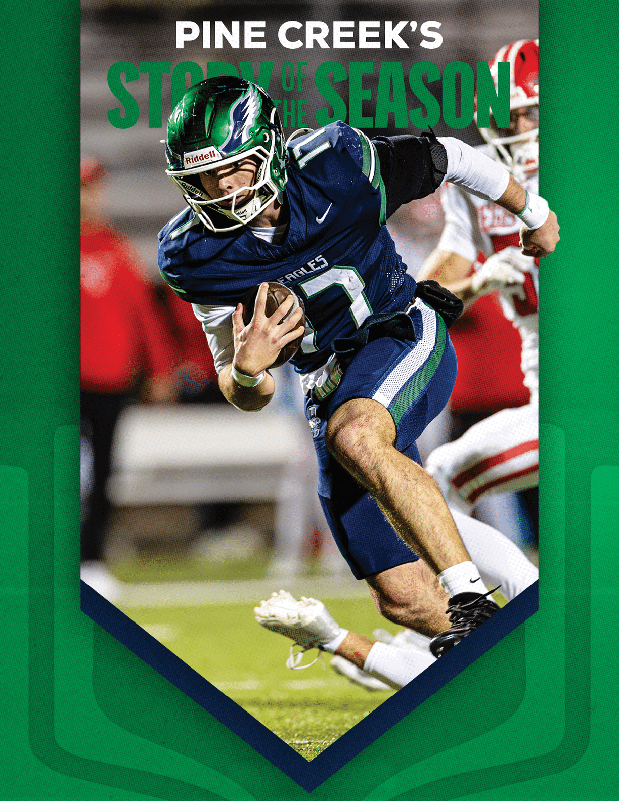A person in a blue football uniform and green helmet is running with a football while another person in a white and red uniform attempts to tackle them on a field. Description generated by AI