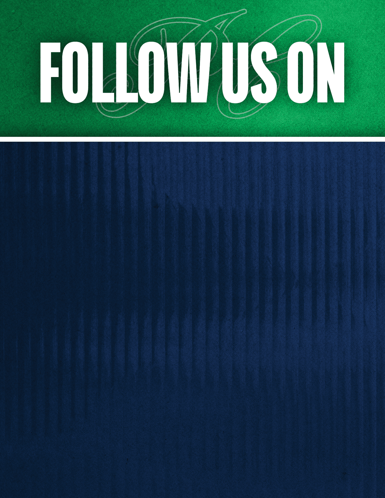 Follow us on social media is displayed in bold white text on a green and blue textured background. Description generated by AI