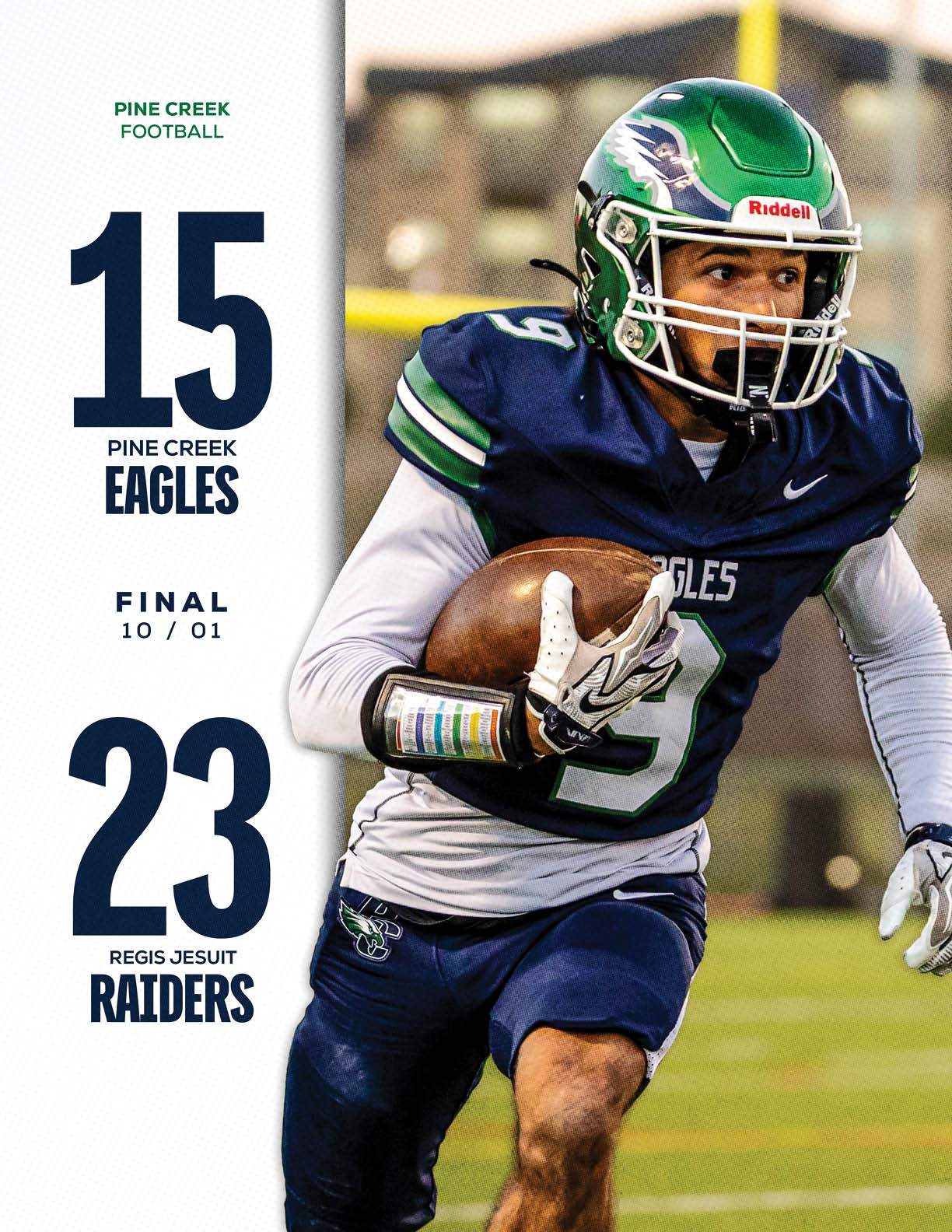 A person wearing a green helmet and navy blue football uniform is running on a field while holding a football, with a scoreboard showing the final score of a game between Pine Creek Eagles and Regis Jesuit Raiders. Description generated by AI