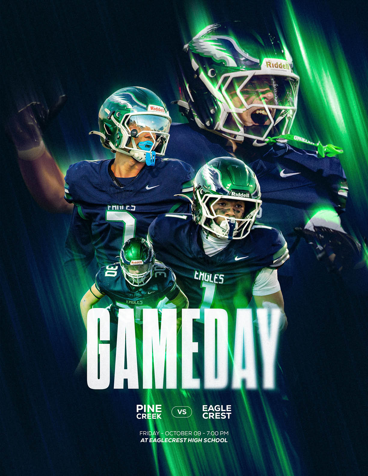 Four people in football uniforms and helmets are featured with dynamic green and blue lighting effects and bold text announcing a game day between Pine Creek and Eagle Crest at Eagle Crest High School. Description generated by AI