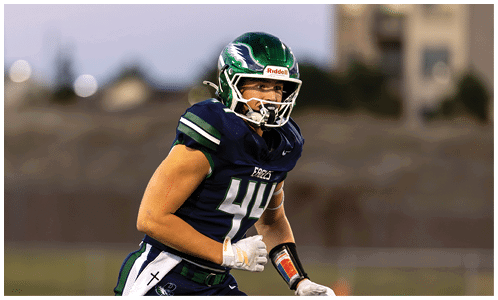 A person wearing a dark blue football uniform with the number 44 and a green helmet is on a field, appearing focused and ready to play. Description generated by AI