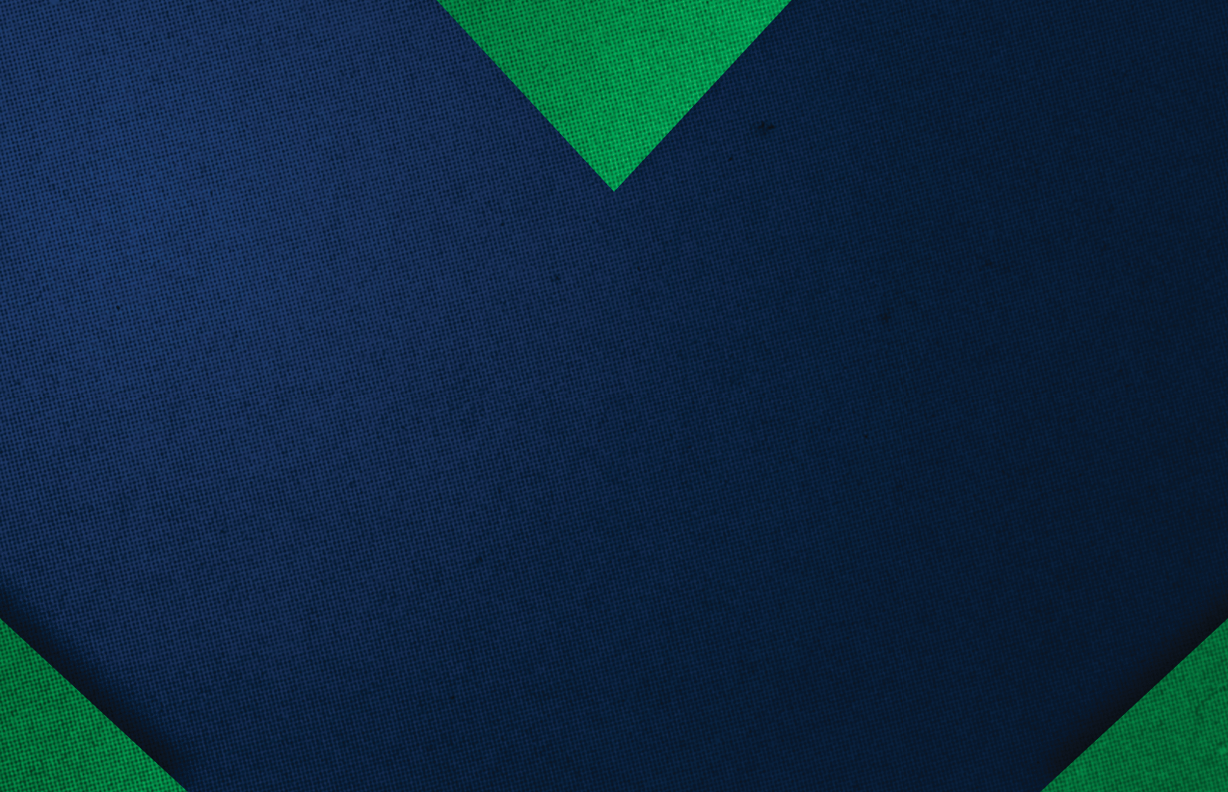 A geometric abstract design featuring dark blue and green shapes forming a symmetrical pattern with a textured appearance. Description generated by AI
