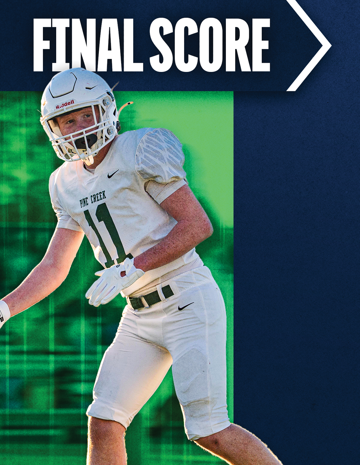 A person wearing a white football uniform and helmet is captured in an action pose with a green and blue background and the text “FINAL SCORE" above. Description generated by AI