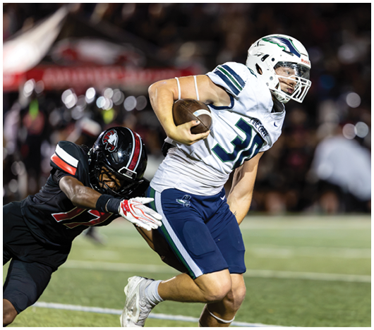 Two people in football uniforms are engaged in a play on a field, with one holding the ball and the other attempting to block or tackle. Description generated by AI