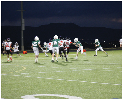 People wearing helmets and sports uniforms are playing a nighttime football game on a field with mountains visible in the background. Description generated by AI