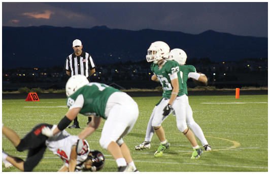Several people wearing green and white football uniforms are on a field at dusk with a referee in a black and white striped shirt standing in the background. Description generated by AI