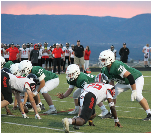 People in football uniforms are lined up on a field at sunset preparing for a play with a mountainous background. Description generated by AI