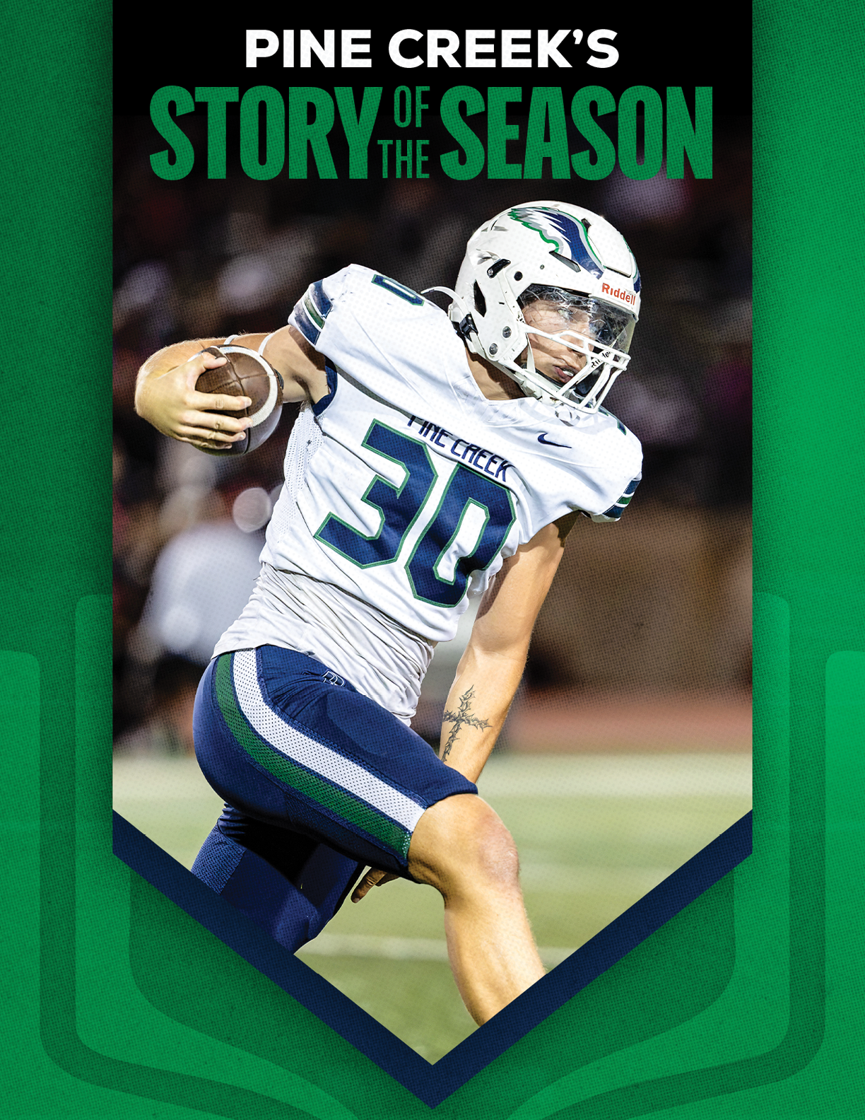 A person wearing a white football uniform with the number 30 is running on a field while holding a football, with the text “Pine Creek's Story of the Season" above. Description generated by AI