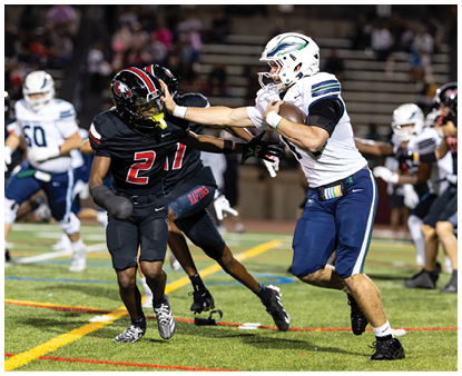 A person in a white football uniform is stiff-arming a person in a black football uniform during a game on a field. Description generated by AI