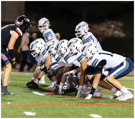 A group of football players in white uniforms are lined up on the field facing a player in a black uniform during a nighttime game. Description generated by AI