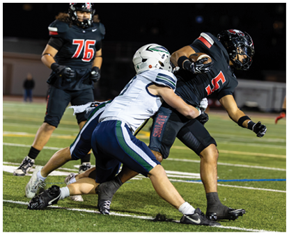 Two people in football uniforms are engaged in a tackle on a field during a game, with one player in white attempting to stop another player in black holding the ball. Description generated by AI