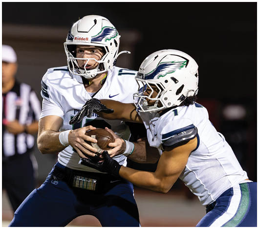 Two football players in white helmets and uniforms are engaged in a handoff during a game with a referee in the background. Description generated by AI
