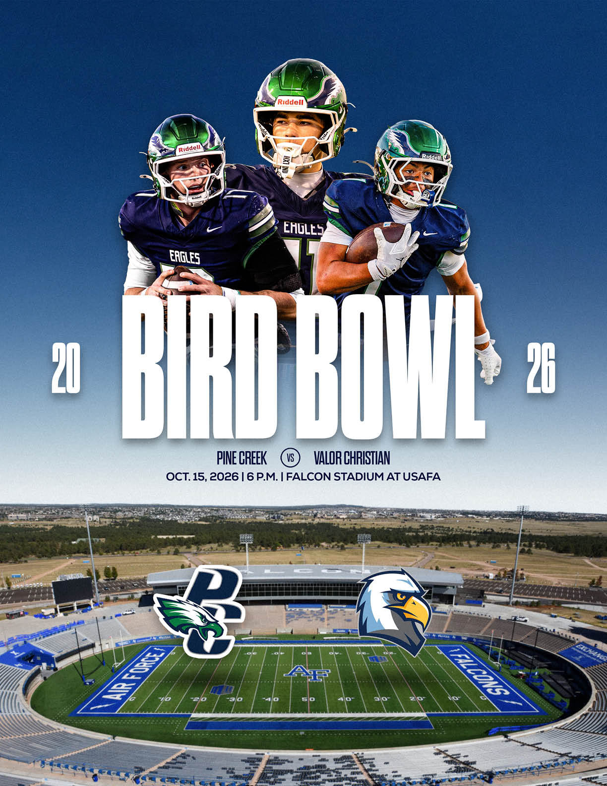 Three football players in helmets and uniforms are featured above a stadium with a football field and logos for Pine Creek and Valor Christian for the Bird Bowl event. Description generated by AI