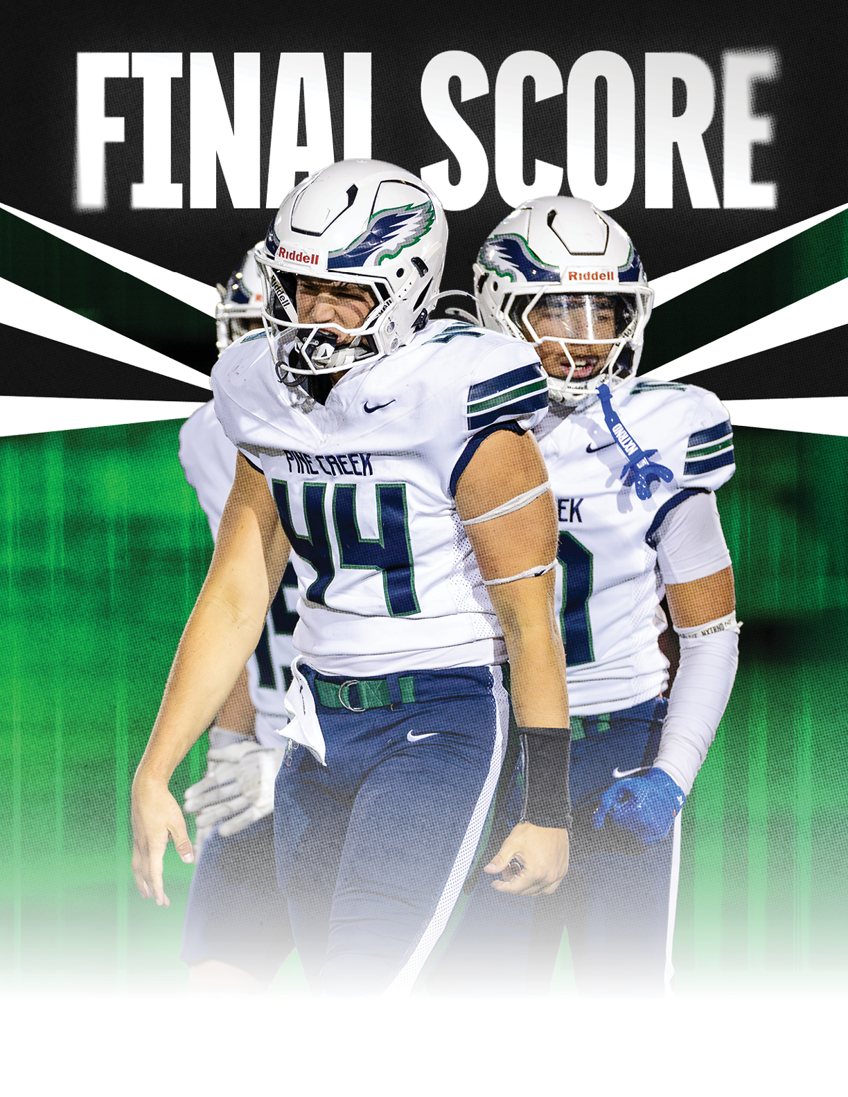 Three people in football uniforms stand together with the text “FINAL SCORE" displayed above them against a green and black background. Description generated by AI