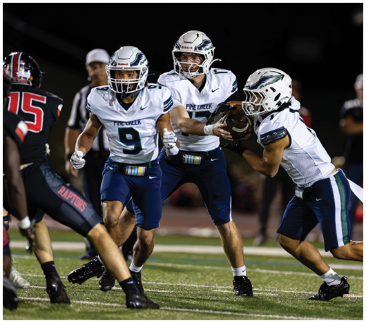 People in football uniforms are actively engaged in a play on a well-lit field during a game. Description generated by AI