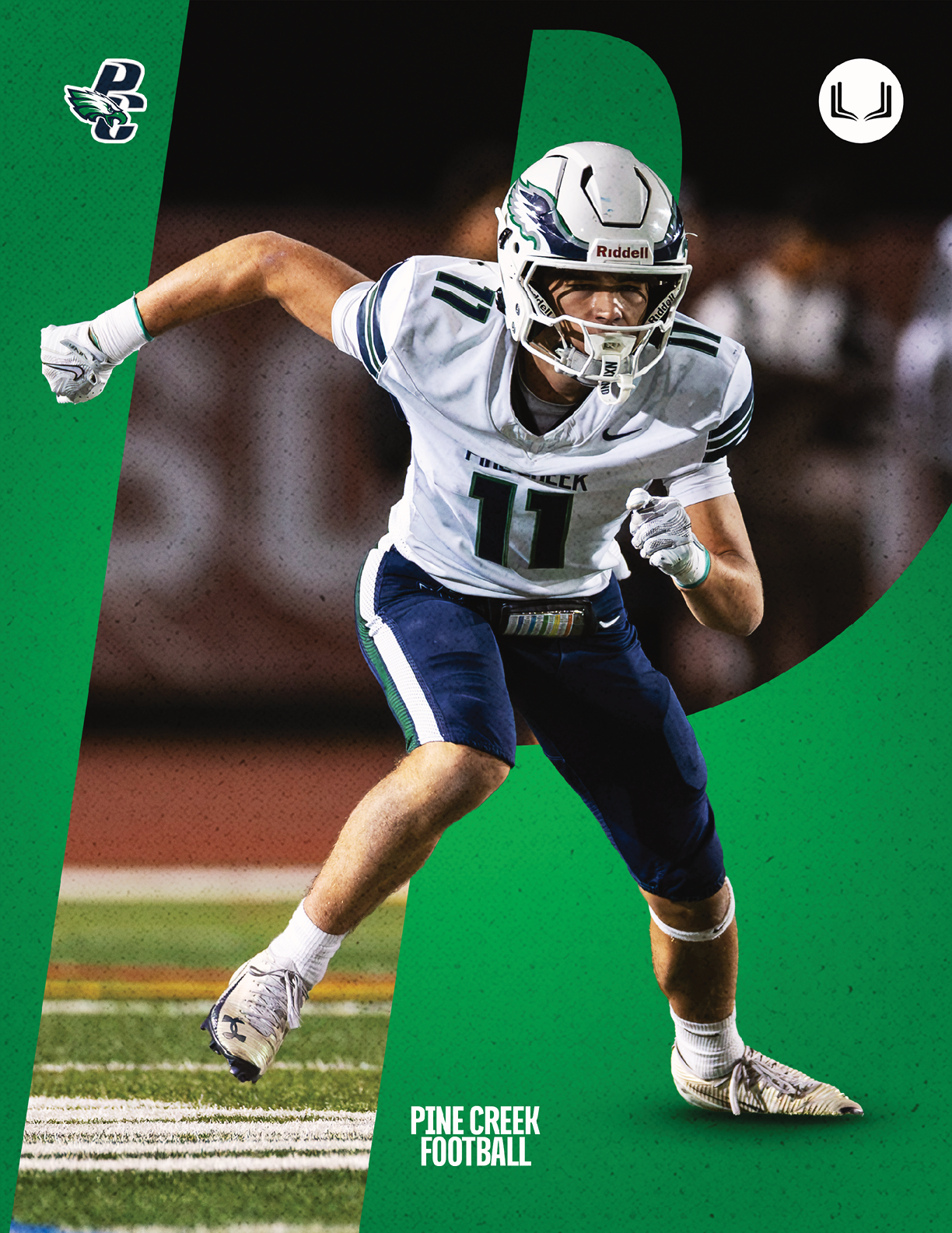 A person in a white football uniform with the number 11 is in a ready stance on a football field with a green and black graphic background and the text Pine Creek Football. Description generated by AI
