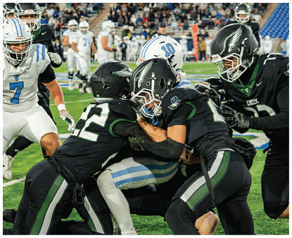 Several football players in black and white uniforms are engaged in a tackle on a green field with a crowd in the background. Description generated by AI