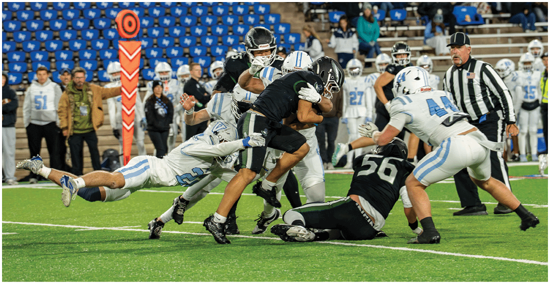 Several football players in black and white uniforms are engaged in a tackle on a green field with a referee and spectators in the background. Description generated by AI