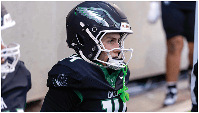 A person wearing a black football helmet with a green and white eagle logo and a black football jersey is looking to the side. Description generated by AI