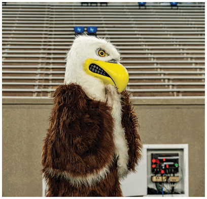 A person wearing a brown and white eagle mascot costume with a yellow beak is standing in front of empty stadium bleachers. Description generated by AI
