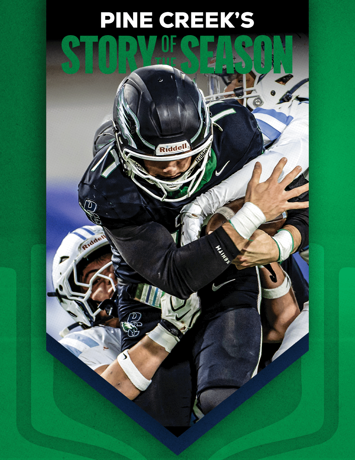 Two people in football uniforms are engaged in a tackle during a game with the text “Pine Creek's Story of the Season" above them. Description generated by AI