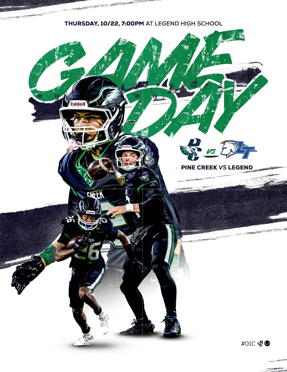 Three football players in black uniforms are featured with large green text reading “Game Day" and details about a game between Pine Creek and Legend at Legend High School. Description generated by AI