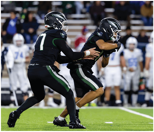 Two people wearing black football uniforms and helmets are engaged in a play on a football field with blurred spectators in the background. Description generated by AI