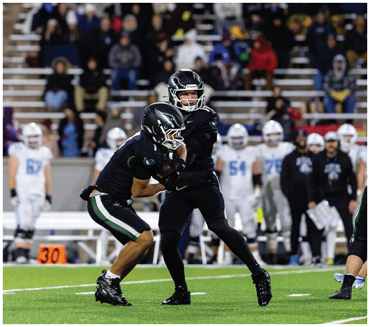 Two people in black football uniforms are engaged in a play on a field with blurred spectators and players in white uniforms in the background. Description generated by AI