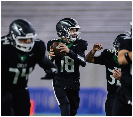 A person in a black football uniform is preparing to throw a football while two other players in similar uniforms are positioned nearby on a field. Description generated by AI