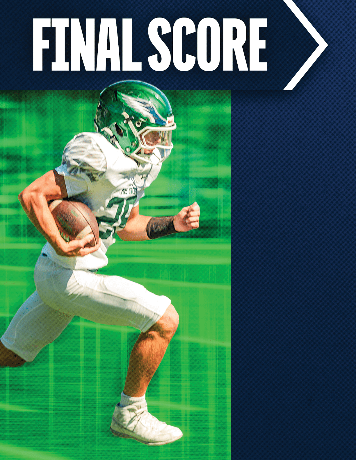 An adult wearing a green helmet and white football uniform is running with a football on a green field with a graphic overlay that says final score. Description generated by AI