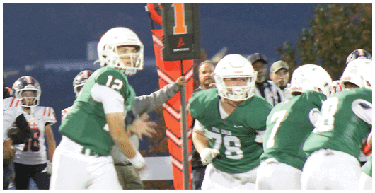 People wearing green and white football uniforms are engaged in a game on the field. Description generated by AI