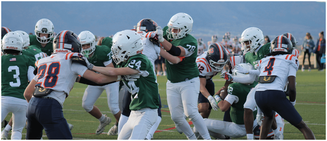 People wearing football helmets and uniforms are engaged in a play on a grassy field with mountains in the background. Description generated by AI