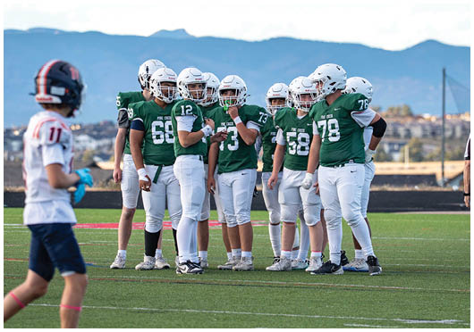 A group of people in green and white football uniforms are gathered on a field while others in white and blue uniforms and referees stand nearby with mountains in the background. Description generated by AI