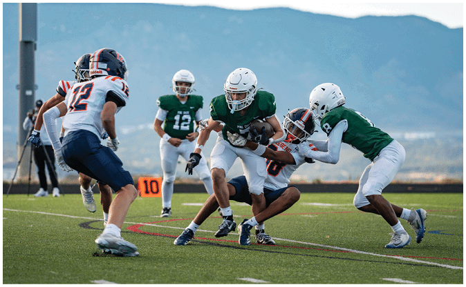Several people in football uniforms are actively engaged in a play on a grassy field with mountains in the background. Description generated by AI