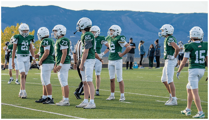 A group of people wearing green and white football uniforms stand on a field with mountains and trees in the background. Description generated by AI