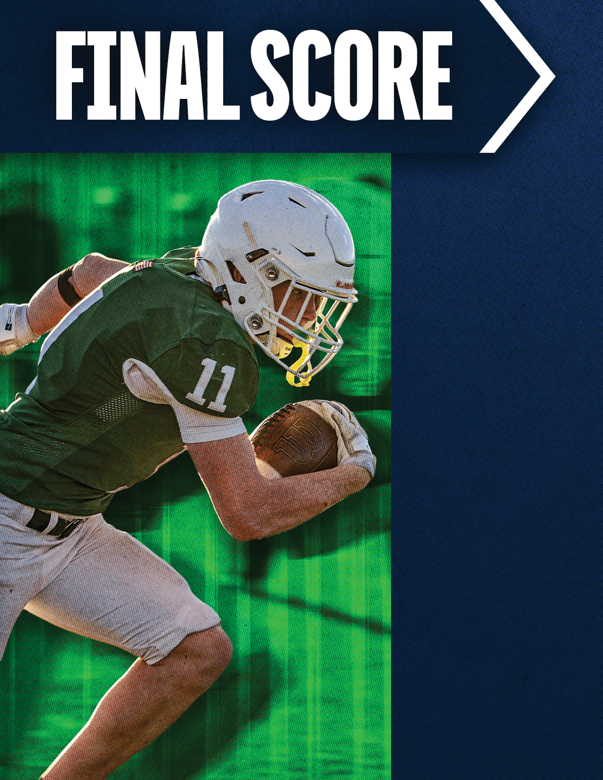 An adult wearing a green football uniform with the number 11 and a white helmet is running while holding a football. Description generated by AI