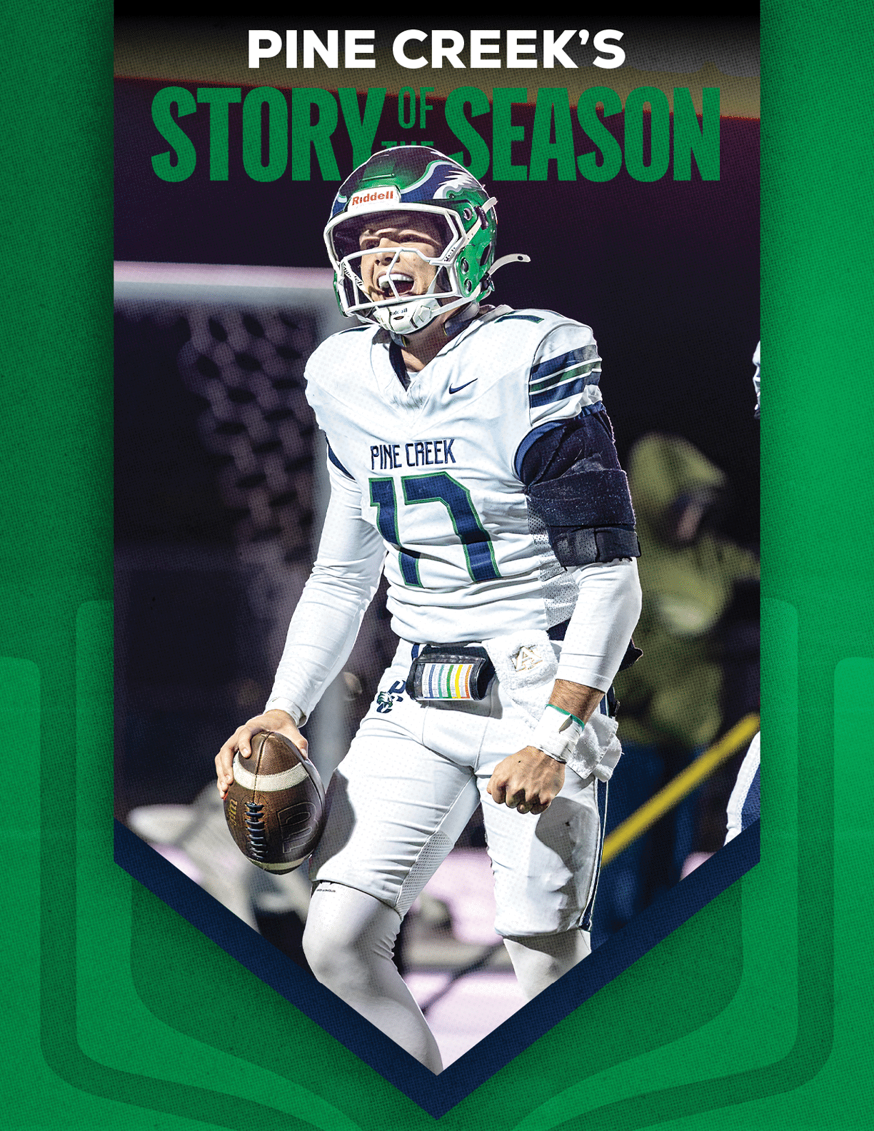 A person in a football uniform and helmet is holding a football and appears to be shouting or celebrating on a field with a goalpost in the background and the text “Pine Creek's Story of Season" above. Description generated by AI