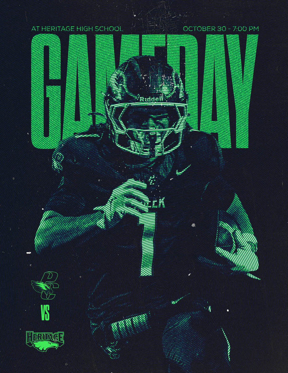 A person in football gear holding a football is featured in front of large green text that reads gameday with additional text indicating a game at Heritage High School on October 30 at 7:00 PM. Description generated by AI