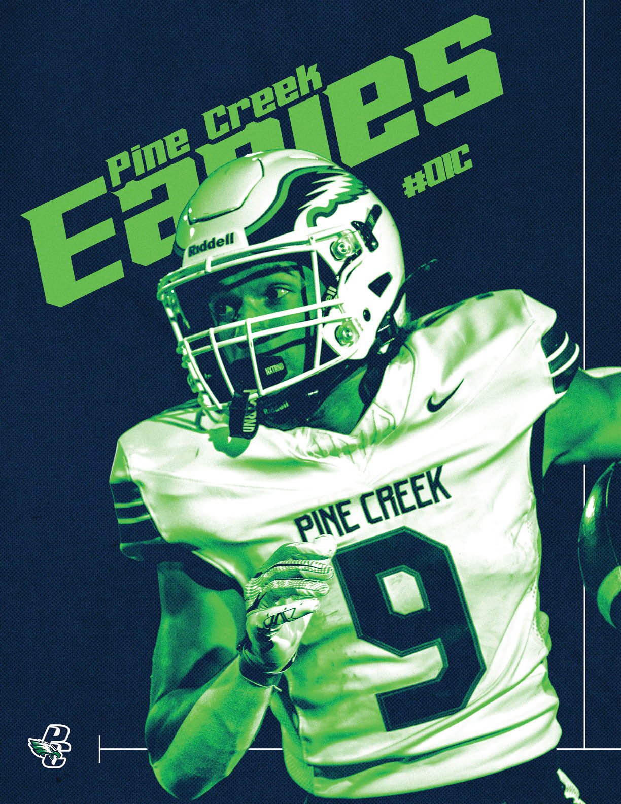 A person wearing a Pine Creek Eagles football uniform and helmet is holding a football and appears to be in motion on the field. Description generated by AI