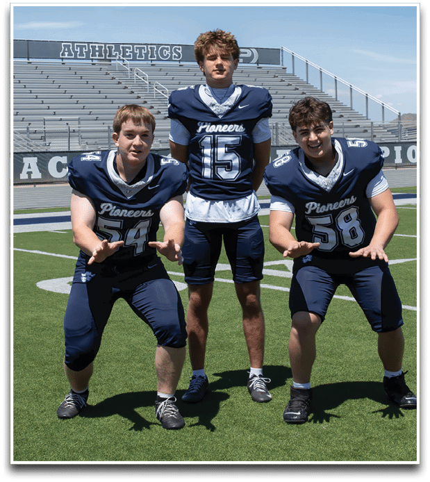 Three football players are standing on the field, one of them is smiling and wearing a black jersey with the number 55. AI generated content