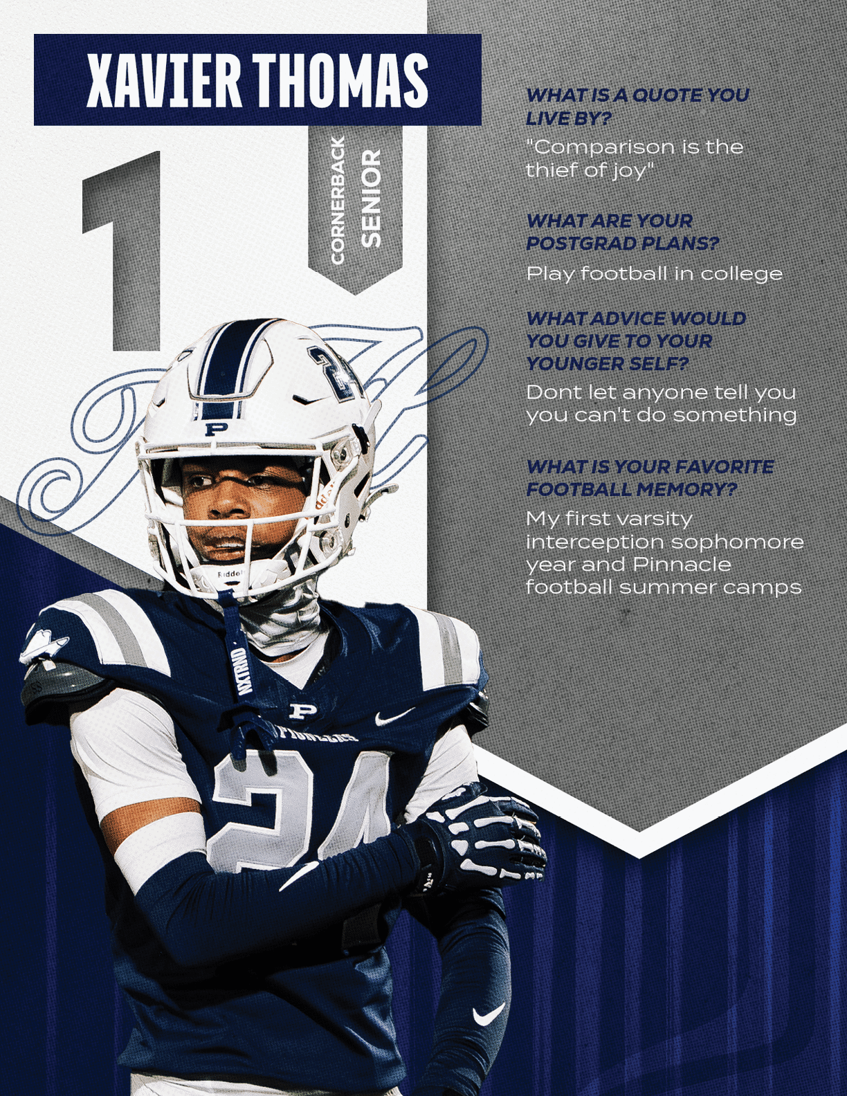 A football player wearing a blue and red jersey with the number 15 on it. Description generated by AI