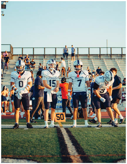A football player wearing a blue and white uniform. Description generated by AI
