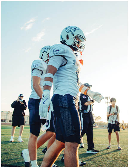 A football player wearing a blue and white uniform. Description generated by AI