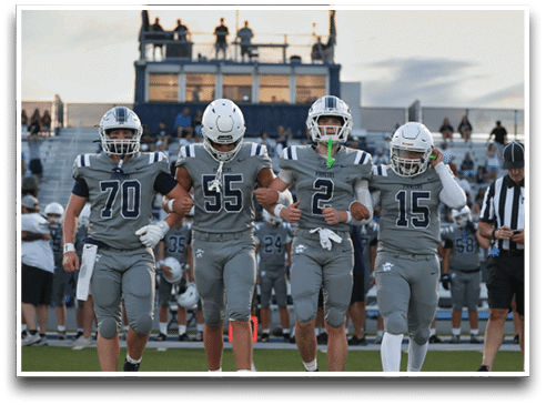 Three football players are standing on the field, one of them is smiling and wearing a black jersey with the number 55. AI generated content