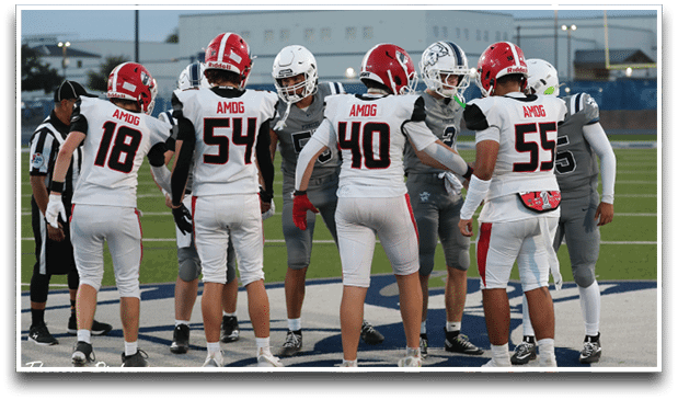 Three football players are standing on the field, one of them is smiling and wearing a black jersey with the number 55. AI generated content